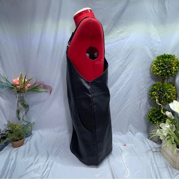 Daphne" Vegan Leather overal dress with adjustable snap bottom shoulder straps - Picture 10 of 12